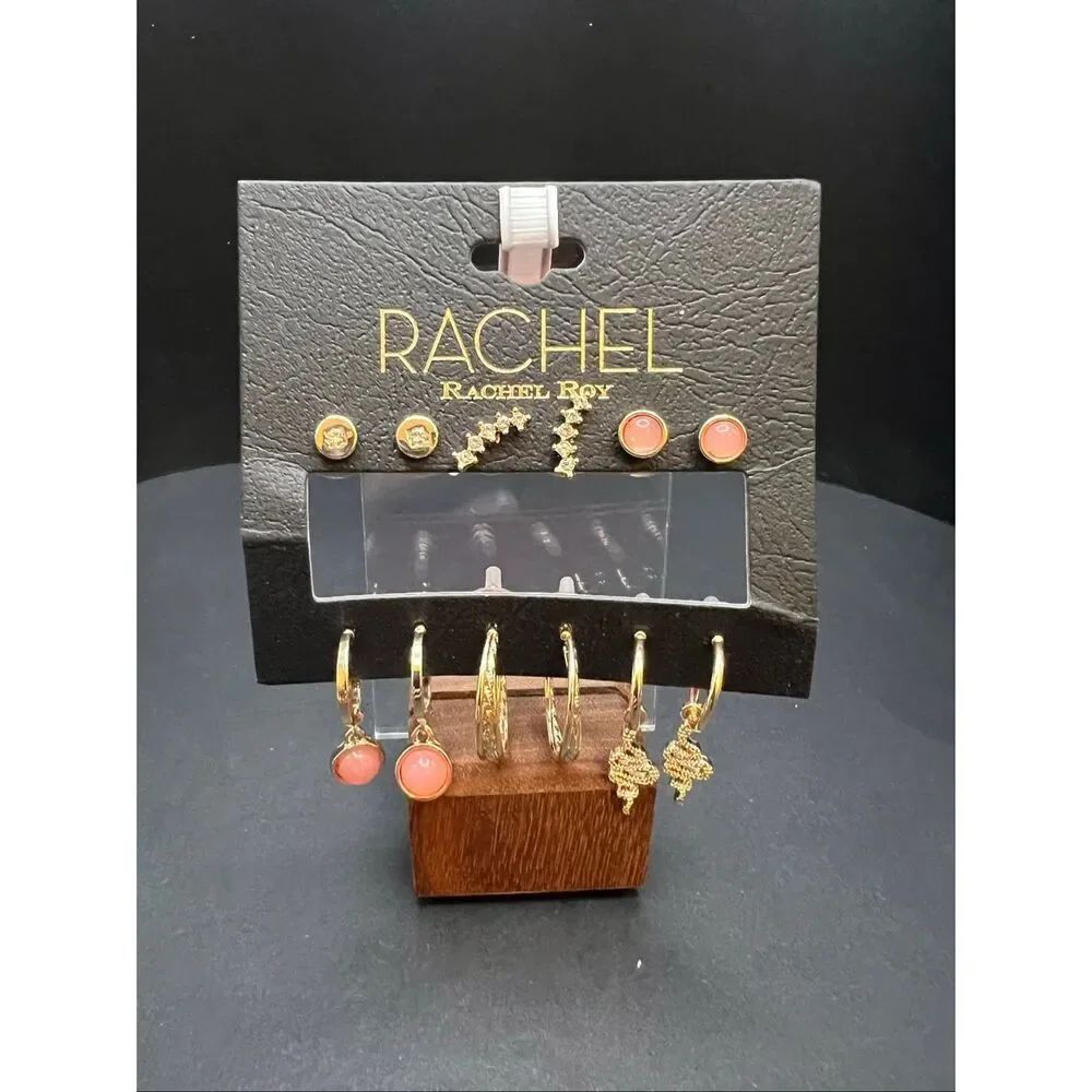 New Rachel Roy Multi Pair Gold Tone Earring Set Snake Stud Hoop Rhinestone Pink